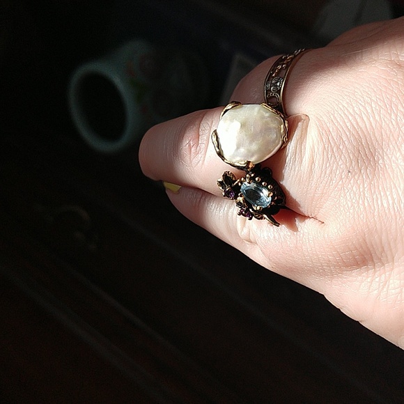 14k gold dipped 925 sterling silver oxidized coin pearl amethyst blue topaz ring - Picture 3 of 13